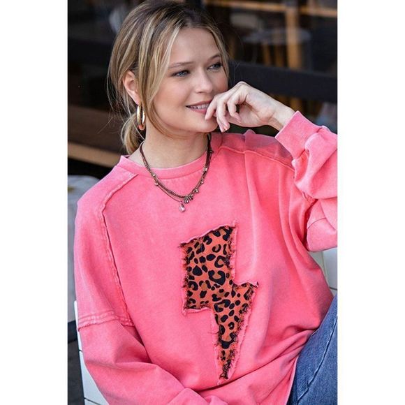 easel Tops Easel Mineralwashed Terrypullover Candy Coral Leopard